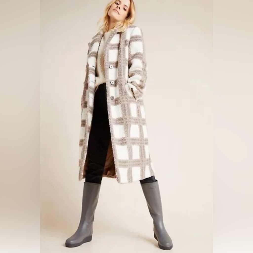 Anthropologie Nvlt Teddy Coat | Neutral Plaid Longline Cozy Jacket | Size S